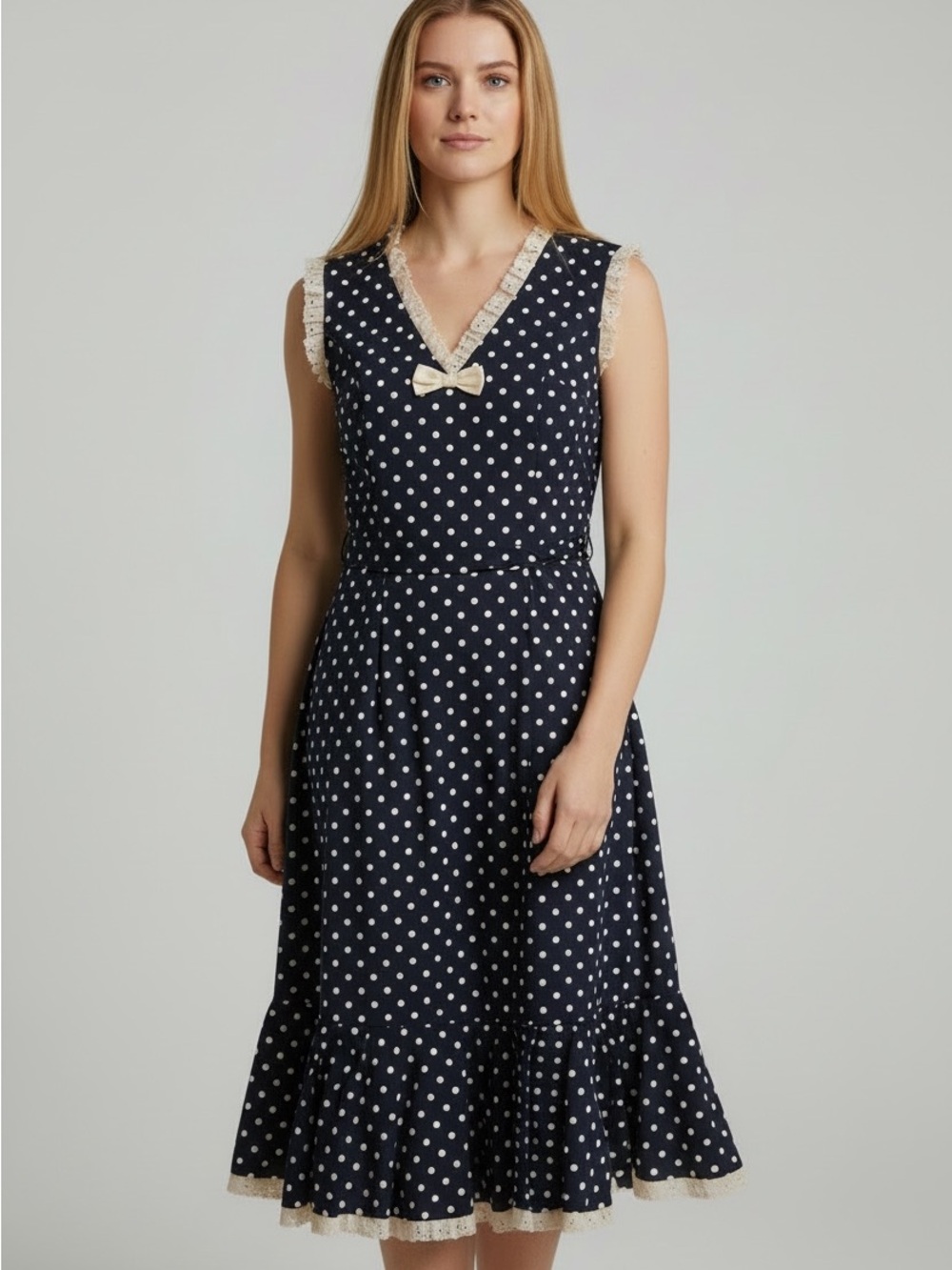 Stop Staring! polka dot dress navy pin-up ruffled neckline hem V-Neck NEW